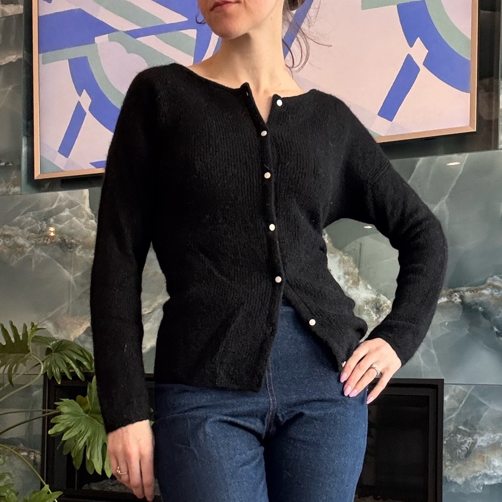 Sezane Black Cardigan with Pearl Buttons